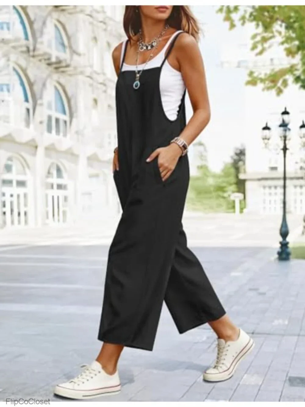 Women's Cotton Wide Leg Jumpsuit Baggy Cropped Romper Overalls with Pockets
